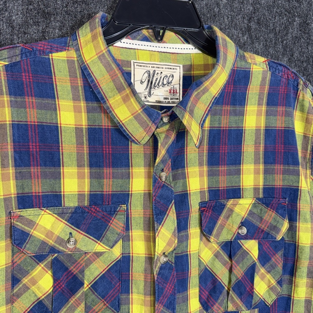 NÜCO Plaid Button Up Shirt Mens 2XL‎ Blue Yellow Dual Pocket Short Sleeve Casual